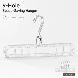 9in1 3/5 Pack Heavy-Duty Foldable Acrylic Hangers Pro with 9 Holes - Hanger Anti-Slip, Space-Saving Clothes Organizer for Closet, Wardrobe, and Dorm Storage  Hanging Swivel house multi helper not Plastic  Hook