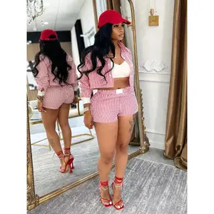 Women’s striped print button shirt and shorts; casual fitted collared top and shorts for daily wear; ladies’ outfits for spring and summer; suits/clothes; casual lounge set; womenswear