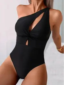 Women's Solid Color Cut Out One-piece Swimsuit, Casual Fashion Swimwear for Beach Holiday Vacation, Ladies Swimsuit for All Seasons, Stretchy Swimwear