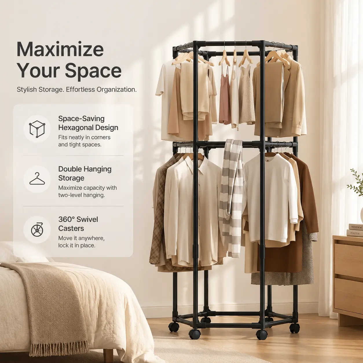 Heavy Duty Metal Hexagon Rolling Clothes Rack with Wheels - Multifunctional Portable Closet Organizer, Space-Saving Storage Organization, Room Storage Wardrobe for Bedroom, Retail Display (Summergarden)