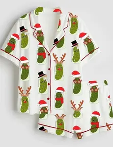 Pickles It's The Most Dillightful Time Of The Year Satin Pajama Set, Christmas Gifts Nightwear Pickles Print Set Most Dillightful Women