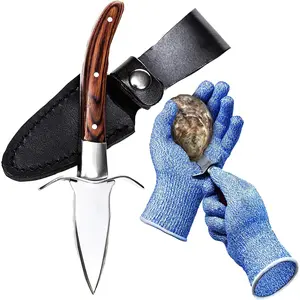 Oyster Shucking Knife and Glove Kit - Clam and Oyster Knife Shucker Set with Stainless Steel Seafood Opener Tool, Wood Handle and Gloves﻿