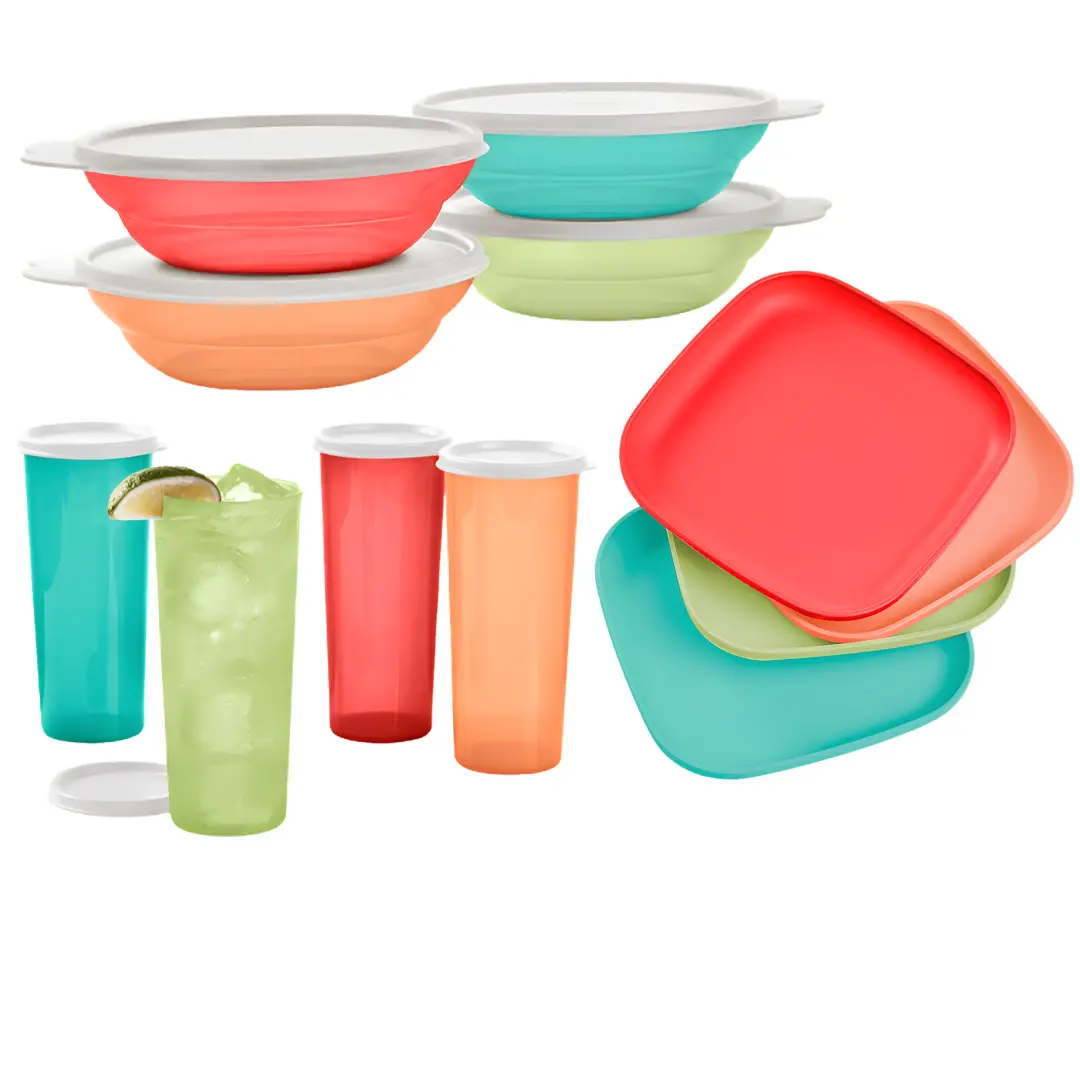 Tupperware 12-Piece Dinnerware Summer Serving Set with Lids - Tumblers, Plates, Bowls for Outdoor Family Dinners, Child-Friendly Use, Less Mess