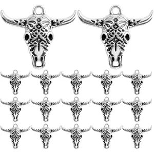 50pcs Antique Silver Hollow Cow Skull Charms Vintage Alloy Western Animal Pendant Cattle Head Dangle Charms for DIY Necklace Bracelet Keychains Jewelry Craft Making