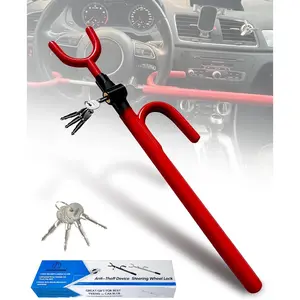 Heavy Duty Anti-Theft Steering Wheel Lock Vehicle Security Device for Car Truck Van Lorry SUV with 4 Keys, Elongated Max Length 30.5" Red