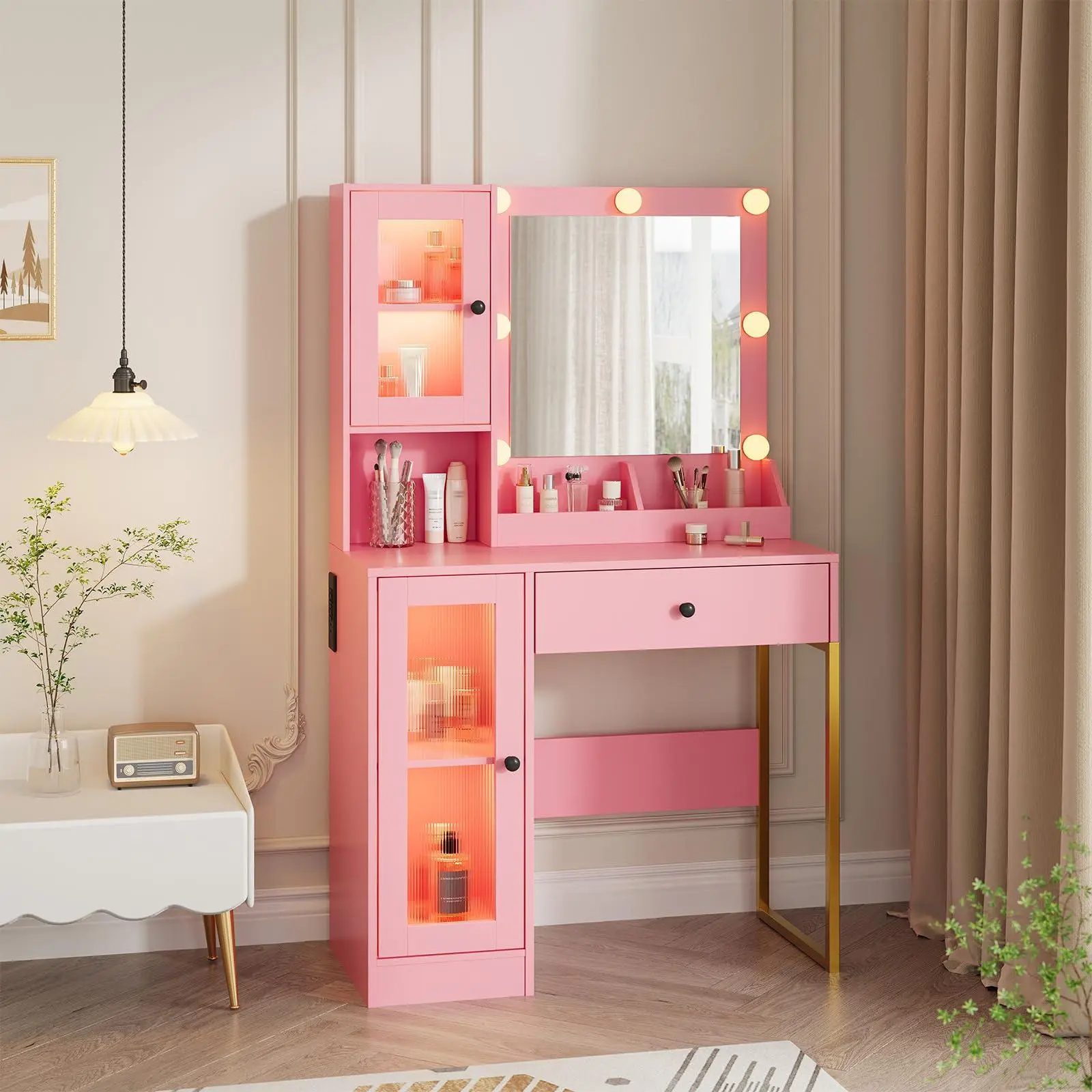 GAOMON Makeup Vanity Desk with Power Outlet, Modern Vanity Table with Mirror and Lights, 2 Open Compartments, 2 Acrylic-Door Cabinets, Wood Dressing Table for Bedroom, Pink