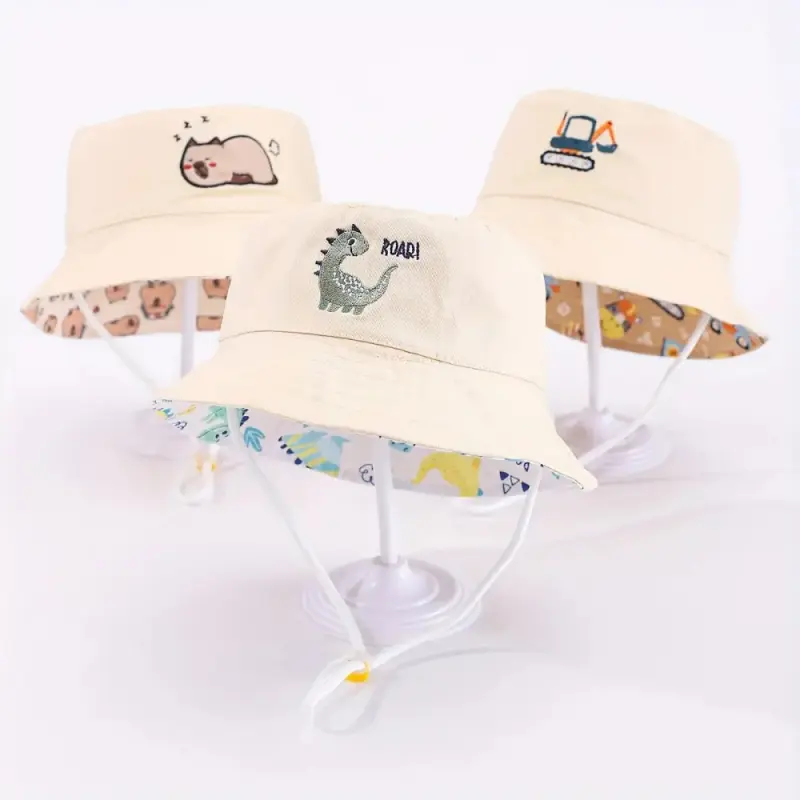 Teenager's dinosaur, excavator, and capybara embroidered cute sun-protective bucket hat, recommended in sizes S and L, suitable children aged 3-6 years