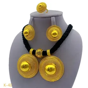 24K Gold Plated Black Rope Necklace Earrings Jewelry Set For Women Dubai Indian African Nigeria Bridal Wedding Party Jewellery