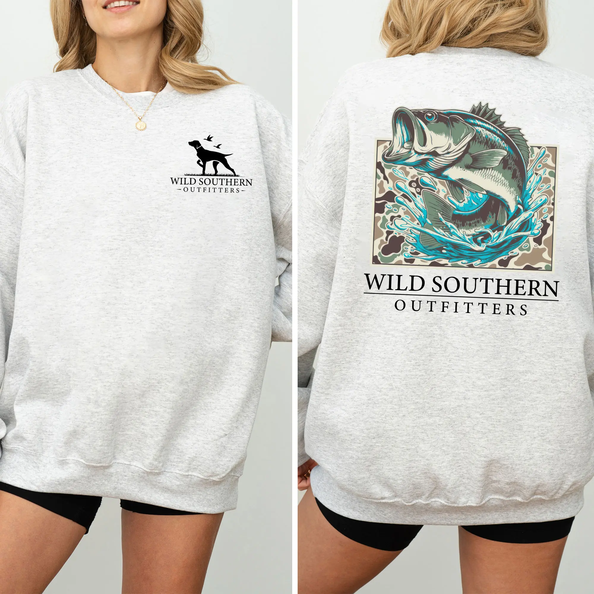 Fishing Bass Sweatshirt, Fishing Camo Shirt, Simply Printed Graphic Sweatshirts, Daily Casual Cotton Womenswear