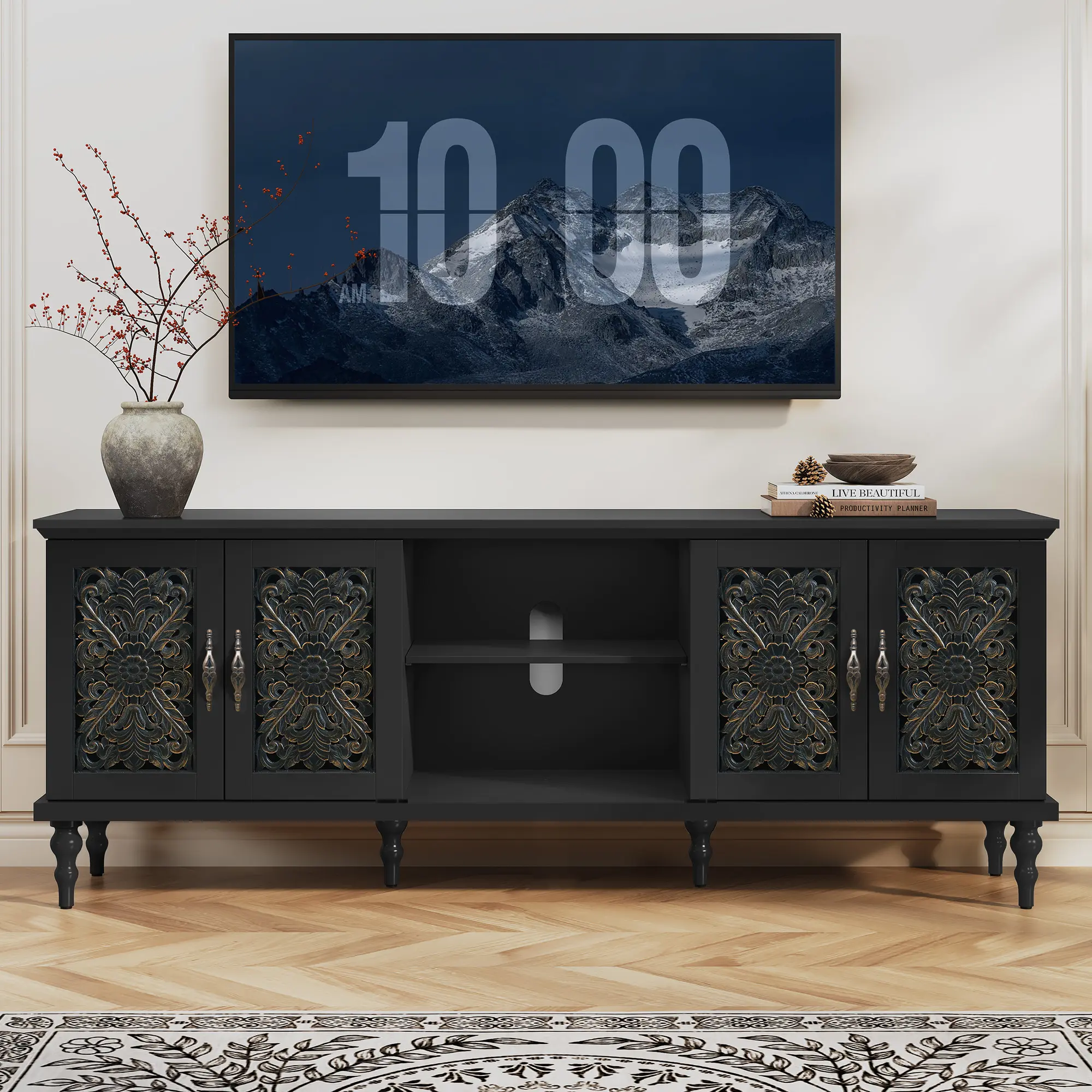 Black - Vintage Carved TV Stand