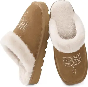 Western Cowboy Boot Slippers for Women – Fuzzy Memory Foam House Slippers with Square Toe, Suede-Style Finish for Indoor & Outdoor Wear