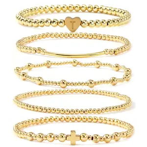 17KM Gold Bracelet for Women Waterproof, Beaded Strand Bead Ball Bracelet stack Adjustable for Gifts bangle set