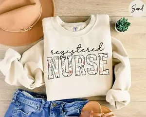 Floral Registered Nurse Sweatshirt Gift For Nursing Student Grad, Unisex Crewneck Pullover For Daily Wear, Soft Cotton Top Made In The Usa		