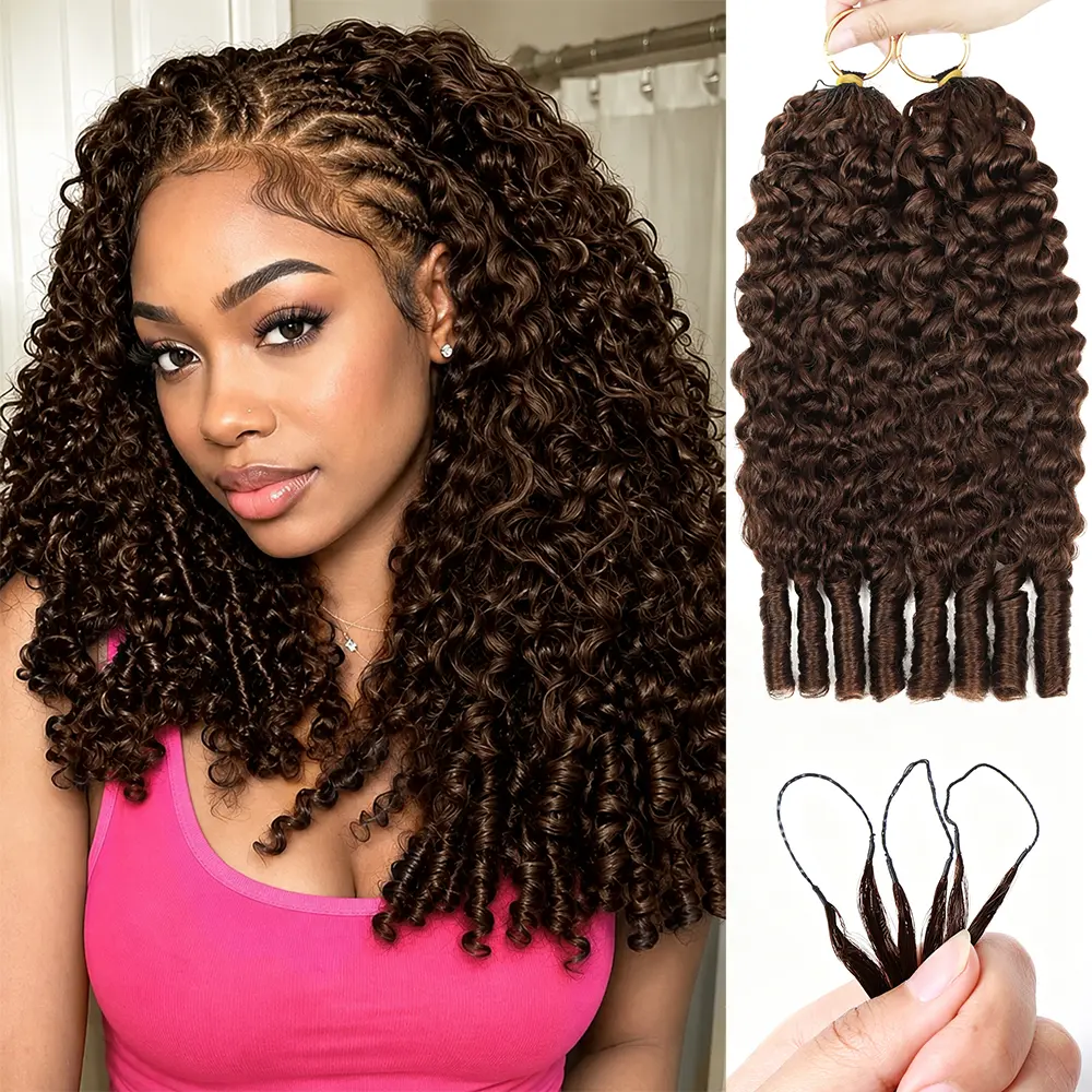 #4 Chocolate Brown Burmese Curly Crochet Human Hair Extensions Boho Knotless Braids Pre-Separated Human Hair Feather Crochet Hair Bundles 50g/Pack #tiktokshopsummersale