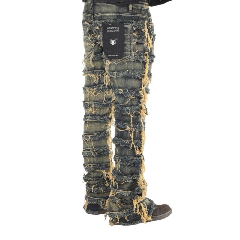 Dark Blue Vintage Tint Wash Stacked Flare Jeans Double Layer Frayed Street Style Denim with Distressed Look