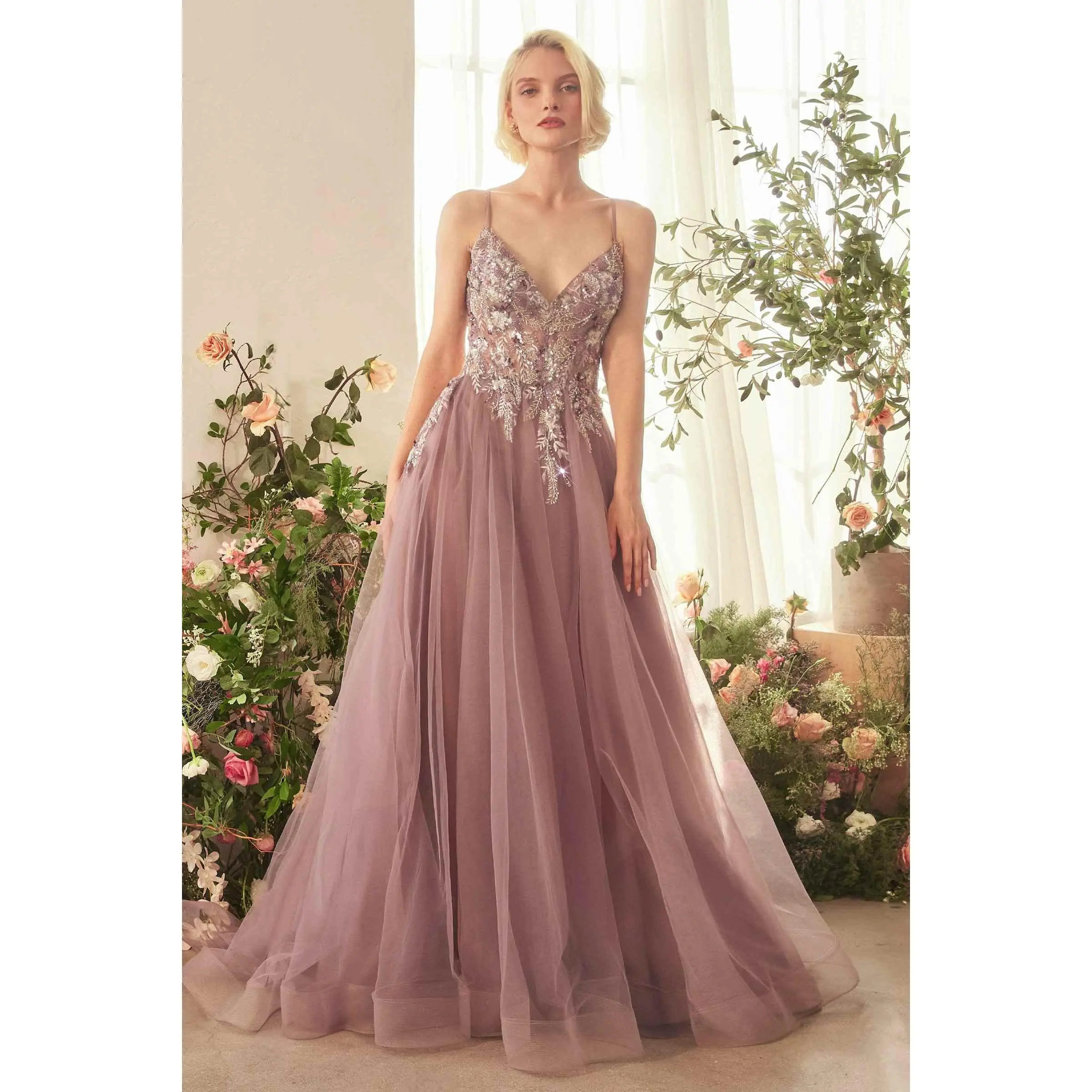 Women's Sleeveless A-Line Formal Gown (A1419) - English Violet Thin Layered Tulle Lace Fabric Lady Clothes, Spaghetti Strap, Flattering Fit, Elegant Design, Prom Wear
