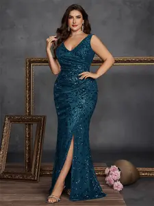 Women Elegant Heavy Beaded Sequin Evening Dress V Neck Split Slim Fit Plus Size Luxury Gown For Anniversary Birthday Wedding Bridal Party Formal Ceremony