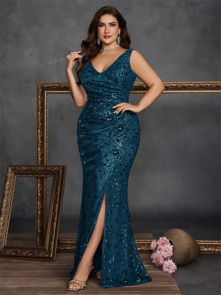 Women's Sparkly Sleeveless Formal Wear Evening Gown - Elegant Heavy Beaded Sequin, V-Neck, Split, Slim-Fit, Plus-Size, Luxury Style for Lady's Anniversary, Wedding