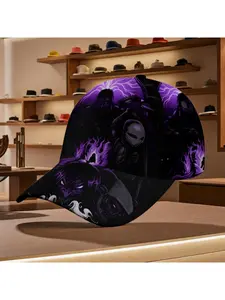 Mystic purple dark fantasy print unisex baseball cap, featuring giant bearded figure purple lightning flame and shadowy creature design, comfortable breathable lightweight all-season hat perfect for casual wear daily outfits and street fashion