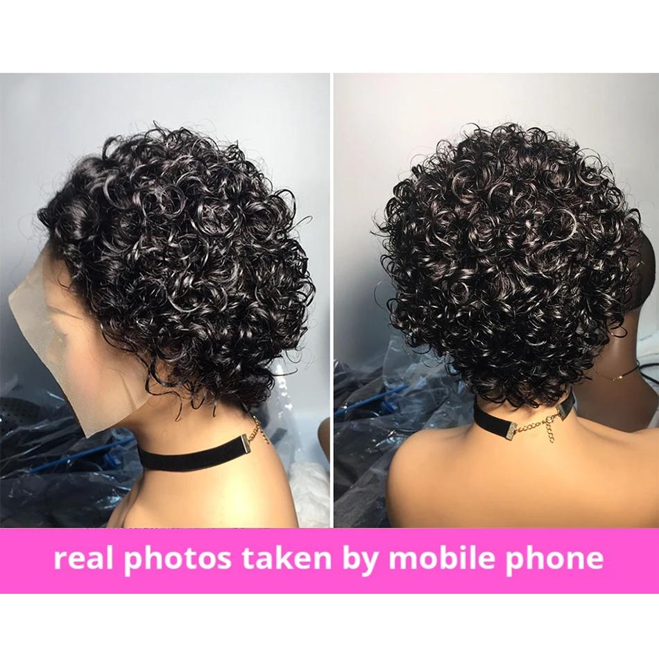 【Wholesale 2-3-5pcs】 Short Curly Layered Human Hair Wig 13x1 T Part Lace Pixie Cut Wig Black Color