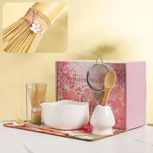 Handcrafted Matcha Bowl Set 8pc - Japanese Style Ceramic Chawan Tea Cups with Floral Art & Wavy Rim Complete Matcha Tea Ceremony Kit in Premium Gift Box (white)