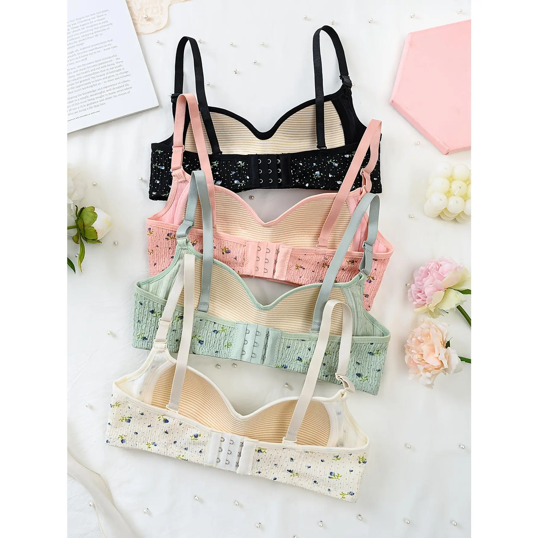 Girls' 4-Piece Matching Underwear Sets - Casual Soft Panties, Small Floral Print, Non-Removable Pads, Adjustable Shoulder Straps, Mixed Colors