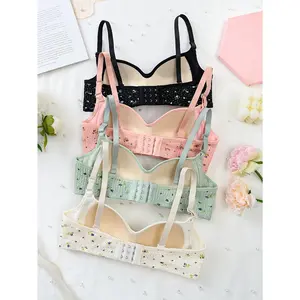 4pcs girl's bra. Small floral print underwear, non-removable pads, with adjustable shoulder straps Mixed Color