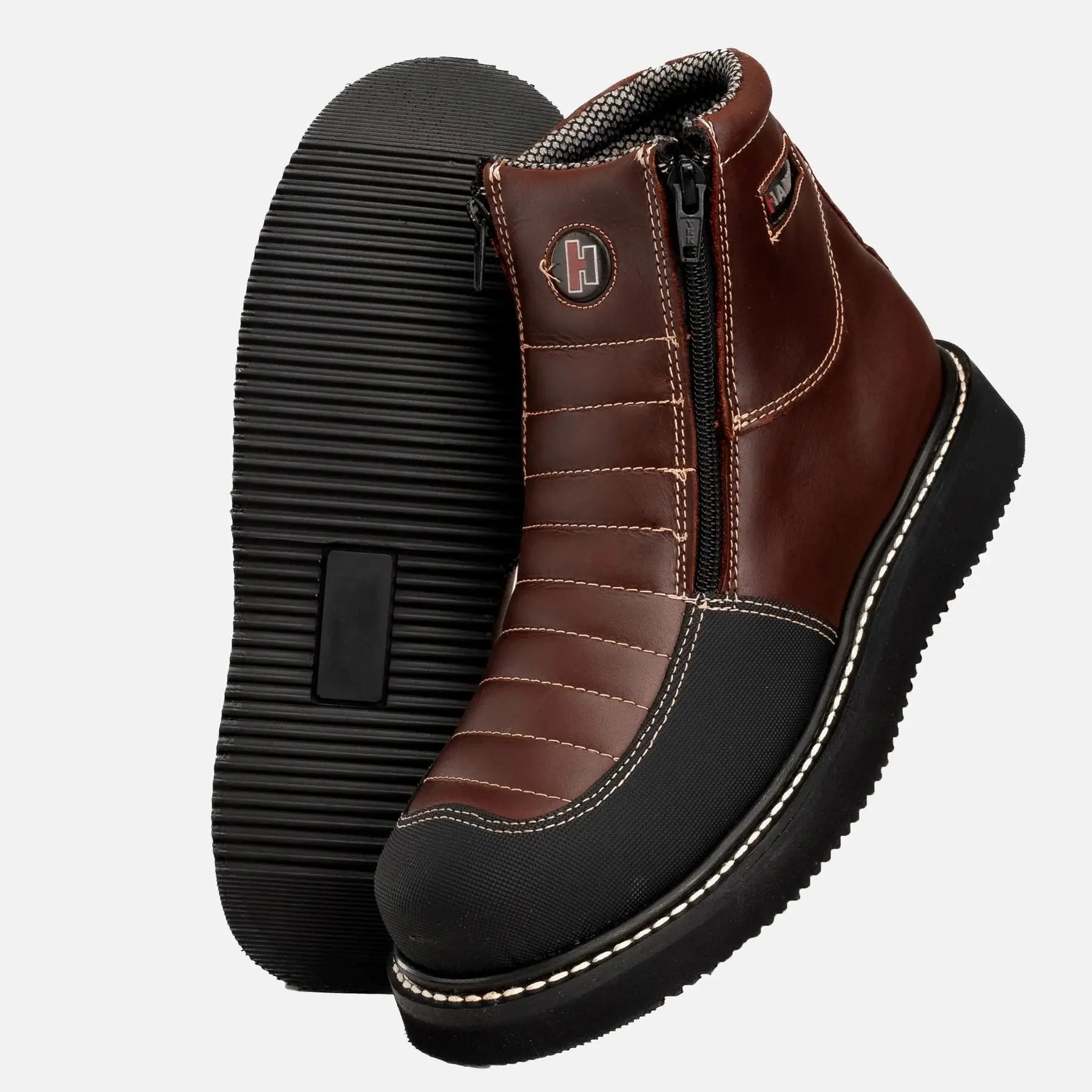 HM338 MEN 6" SOFT TOE DOUBLE ZIPPER BLACK/WINE LEATHER WORK BOOT  Shoe Footwear Comfort Boy Closed