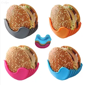4pcs Reusable Silicone Burger Holder, Adjustable Hamburger Container, Mess‑Free Food Tray for Picnics & On‑the‑Go Meals