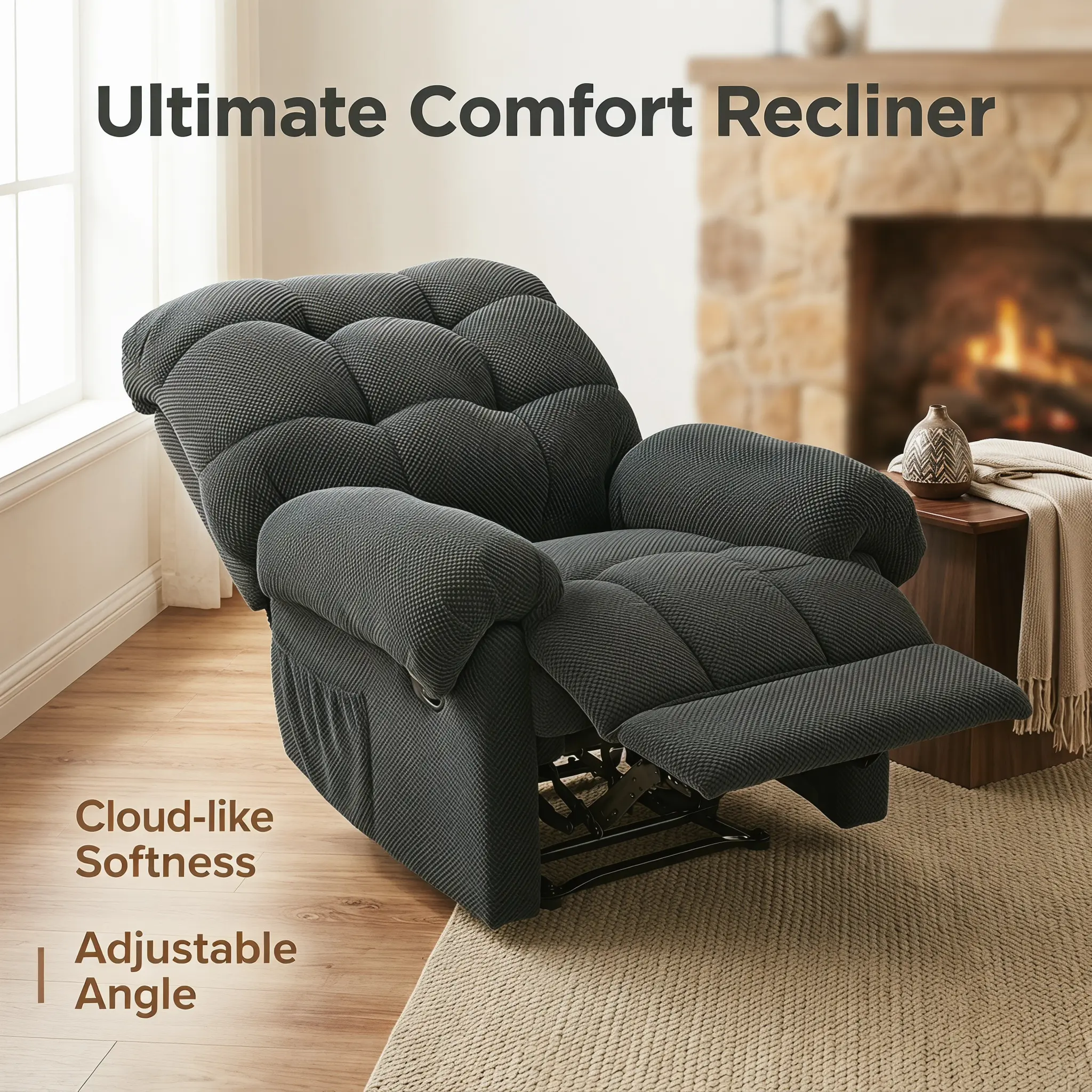 Casual Cloud-Like Overstuffed Fabric Manual Recliner - Adjustable Lounge Chair with Padded Footrest, Interior Recliner Chair for Living Room Reading Home Theater Ergonomic Furniture, Footrest Reclining Chair