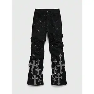 Street Life Spring Casual Graphic Men'S Fashion Street Style Rhinestone Cross Graphic Slant Pocket Denim Jeans
