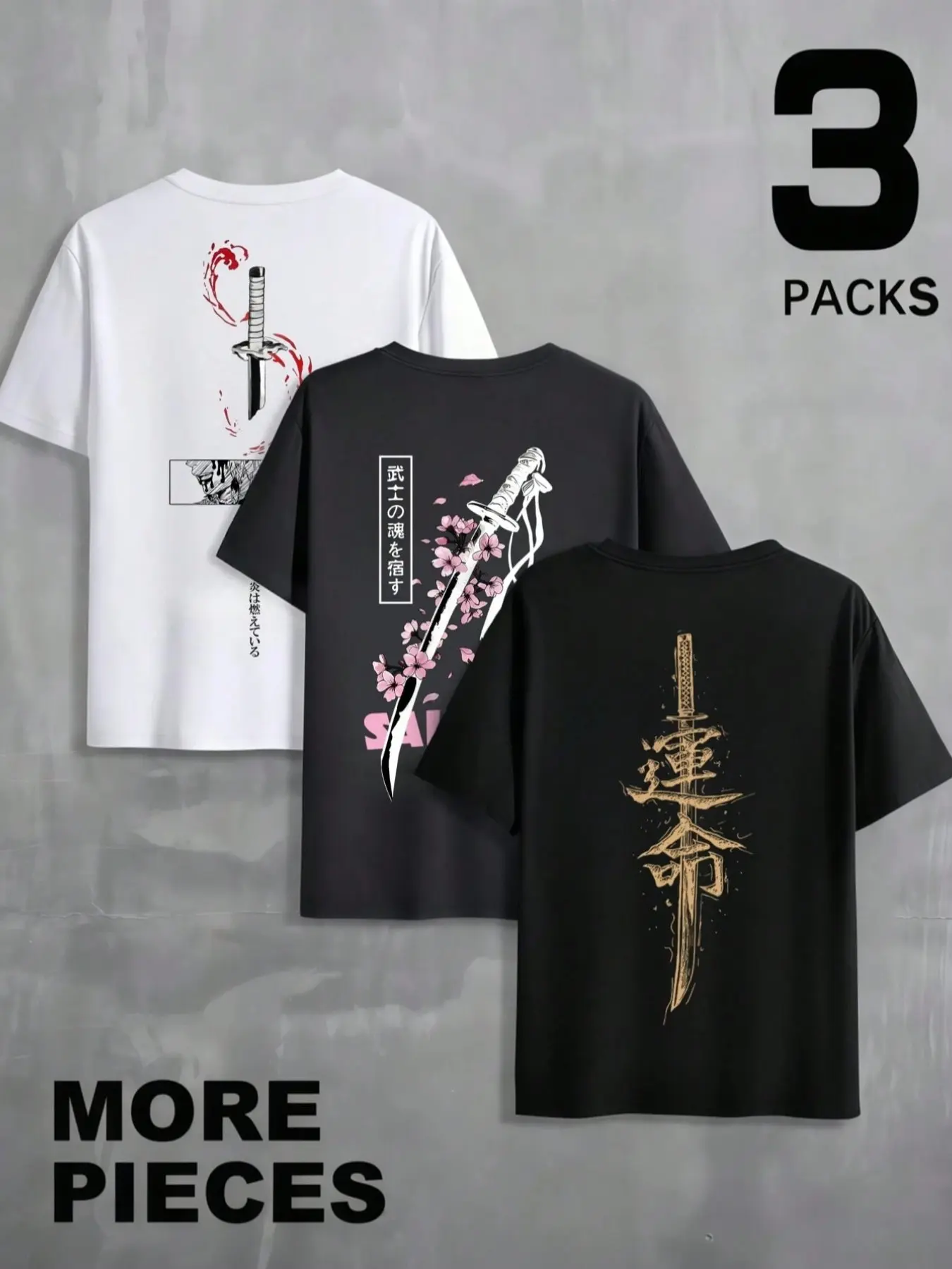 3-Pack Japanese Streetwear Oversized Round Neck Graphic T-Shirts Top Menswear for Men - Samurai Katana & Sakura Print - Breathable Cotton Casual Tees for Summer Urban Outfits