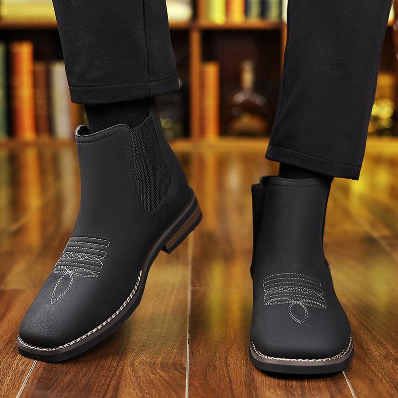 New Winter Men’s Western Cowboy Boots, Square Toe Chelsea Boots, Casual Retro Fashion Classic Comfortable Simple Khaki, Black, and Gray Trendy Men’s Shoes