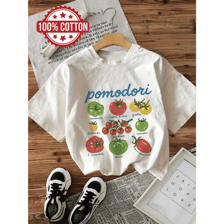 Women's Vintage Casual Short Sleeve Crew Neck T-Shirt, Pomodori T-Shirt, Women's Retro Graphic Tee, Trendy Gift T-Shirt, Everyday Wear, Unisex Funny Cotton Tshirt, Top Womenswear Streetwear