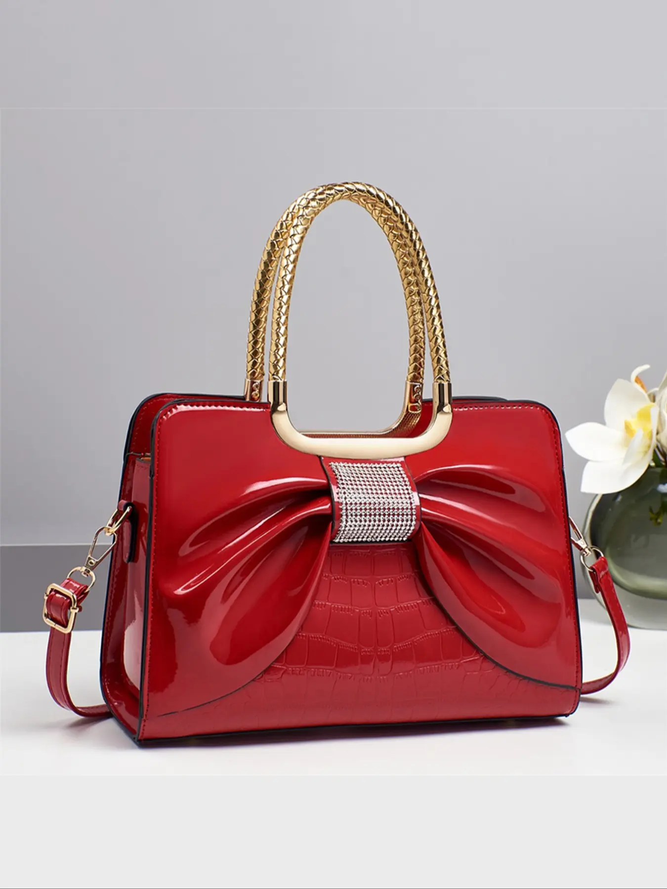 Elegant Butterfly Knot PU Leather Handbag, Rhinestone Embellished Crossbody Bag, Large Capacity Shoulder Bag for Women, Casual Travel Purse