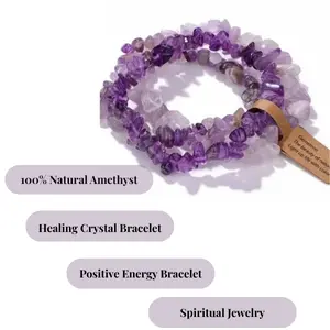Gemsore Natural Amethyst Chip Stone Bracelet - Healing Crystal Jewelry for Women & Men - 1 Pack of 3 pcs - Adjustable Elastic Stretch Fit - Ethically Sourced Polished Stones - Perfect for Meditation Yoga Daily Wear or Gifting