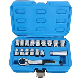 17-Piece Pass-Through Socket Set, 10-24mm Metric, with 3/8" & 1/2" Square Drive Adapters, Low Profile Hollow Ratchet for Long Studs, CR-V Steel Automotive & Mechanical Repair Kit with Case