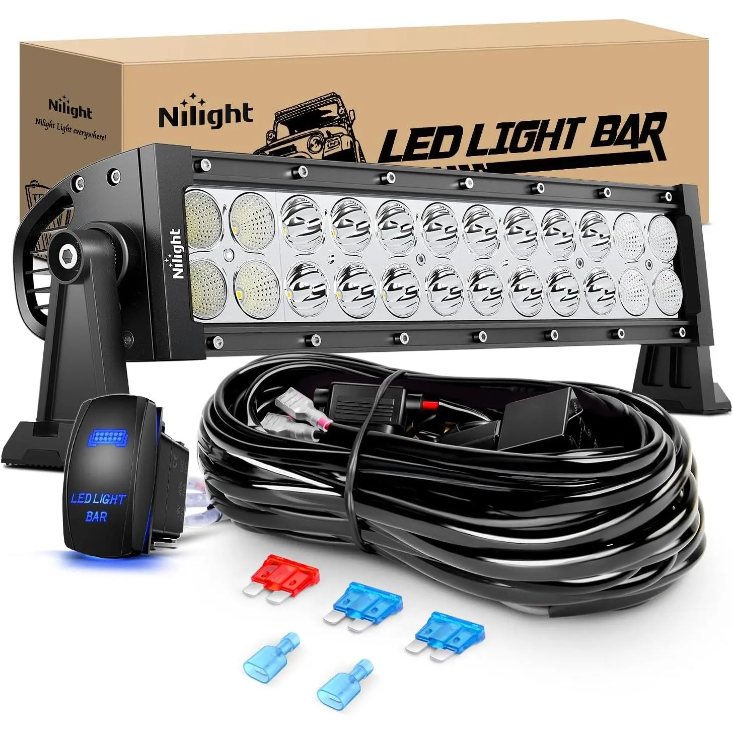 Nilight 72W Power Aluminum Frame Car LED Light Bar, 13.5in Curved Spot-Flood Combo Off-Road Driving Fixture with 12V On/Off Switch & 16AWG 1-Lead Wiring Harness Kit, Led Work Light, Lightbar