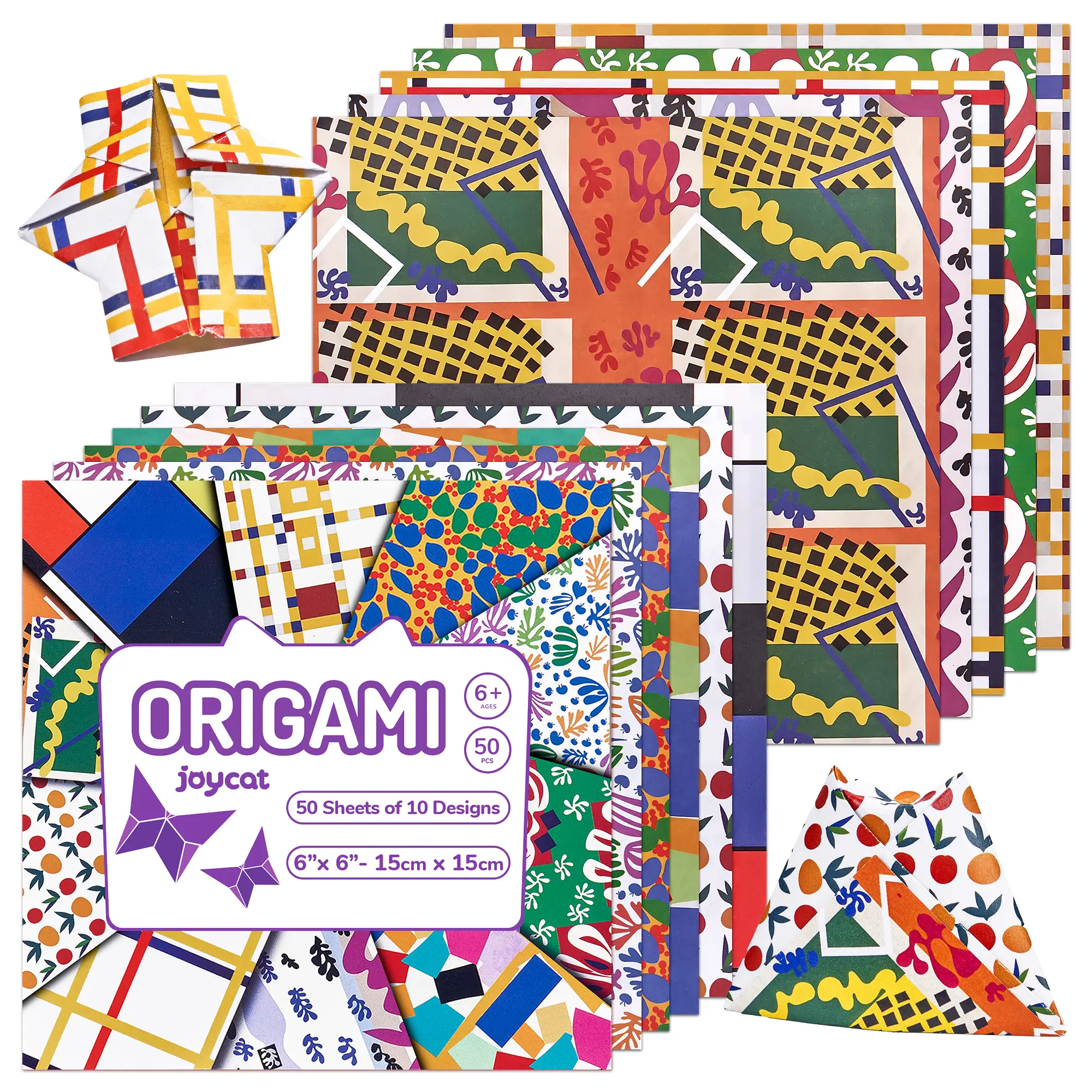 JoyCat Folding Craft Paper, 6x6 In, 50 Double-Sided 70gsm Eco-Friendly Sheets - Classical Oil Painting,Vintage Print,Impressionist Art,Mondrian Plasticism,Matisse Fauvism Designs,Safe for Prolonged Use,Ideal for Kid & Adult Craft,Artists Scrapbooking