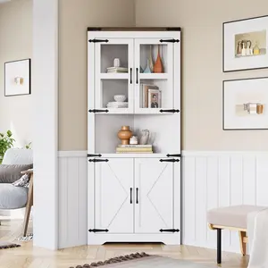 Farmhouse Tall Corner Cabinet with Glass Door, Adjustable Shelves for Bathroom, Kitchen, Living Room in White