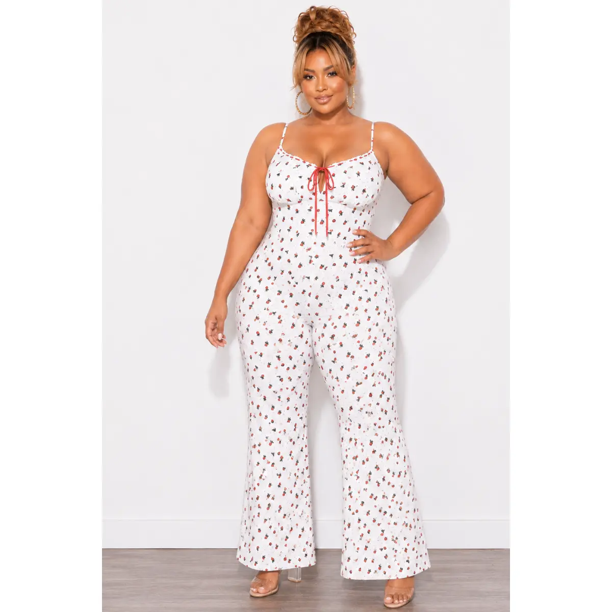 Final Sale Plus Size Jumpsuit In White Cream Ivory With Red Roses