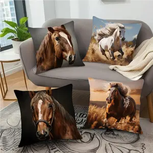 Running Horse Hug Pillowcase 4PCS (17.71in * 17.71in) Used for home decoration in farmhouses, offices, living rooms, sofas, bedrooms, winter and spring decorations, birthday gifts (single-sided pattern) (without pillow core)