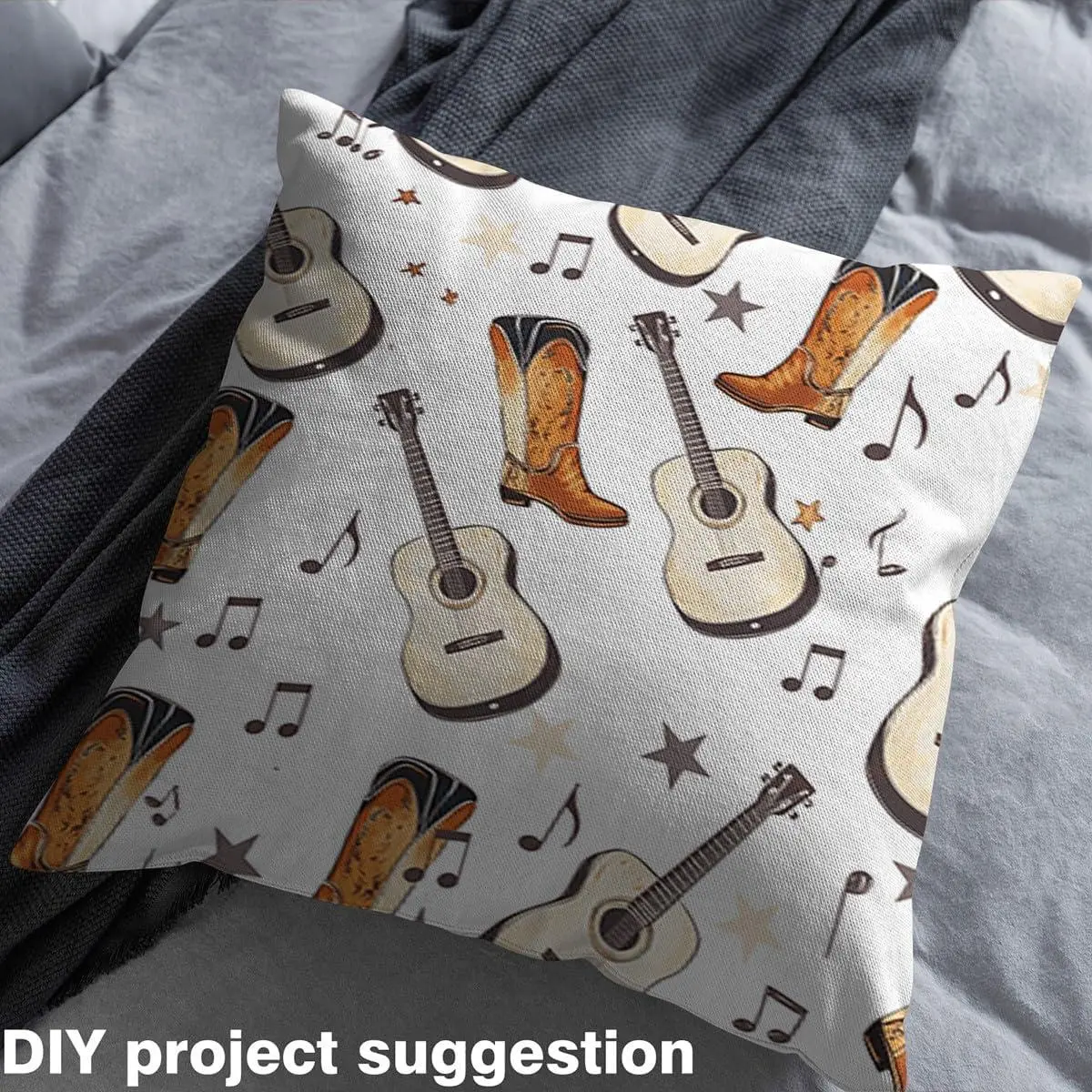 Hippie Guitar Music Note Fabric,Western Rustic Cowboy Boots Quilt Soft Flannel Polyester No Stretch Fabric,Cute Star Print DIY Craft Outdoor Fabric Sewing