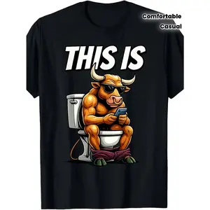 Funny "Bull On Toilet This Is Bullshit" Sarcastic Graphic T-Shirt |   Retro Humor Unisex Tee with Bull Design, Comfortable Casual Wear for Men, Short Sleeve Round Neck Shirt for Parties, Office and Everyday Use