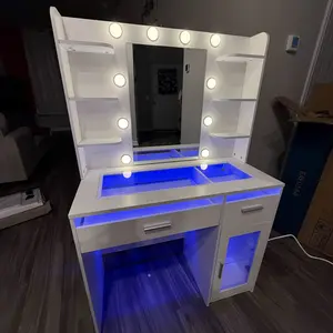 Vanity Desk, Makeup Vanity Desk with Mirror and Lights 3 Colors, Transparent Top with 3 RGB Drawers, 6 Shelves, 2 Large Tempered Cabinets, Power Outlet, for Bedroom, White
