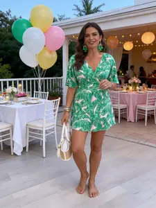 Womens Tropical Leaf Print Romper V Neck Drawstring Waist Casual Vacation Jumpsuit New Year Party Valentines Day Holiday