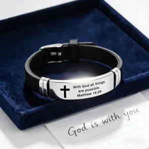 Inspirational Quote Bible Verse Cross Bracelet Faith Christian Silicone ID Wristband Religious Gifts for Men Women Stainless Steel Rubber Adjustable Bracelet