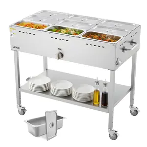 VEVOR 9-Pan Commercial LP Gas Steam Table, Outdoor Metal Soup Warmer with 3" Wheels, Drain Valve & Adjustable Temperature, Stainless Steel Food Warmer for Restaurant, Camping