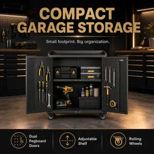 Aobabo Modern Lockable Metal Garage Tool Storage Cabinet - Black, 13.8" D x 26" W x 34.3" H, with Door Pegboard, Wheels, Security Feature, for Garage & Home, Assembly Required, Mother's Day Gift