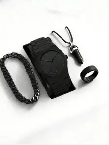 4pcs black watch set, Fashion watch set, featuring a sporty and casual design, with an adjustable bracelet and a round dial, including a pendant necklace, bracelet, and ring, perfect for daily wear and as a birthday gift